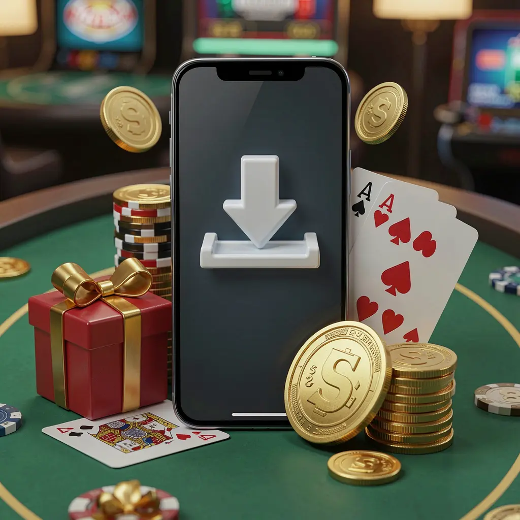 57JILI casino app download concept showing a smartphone with a download icon surrounded by golden coins, a gift box, and playing cards in a modern mobile gaming atmosphere