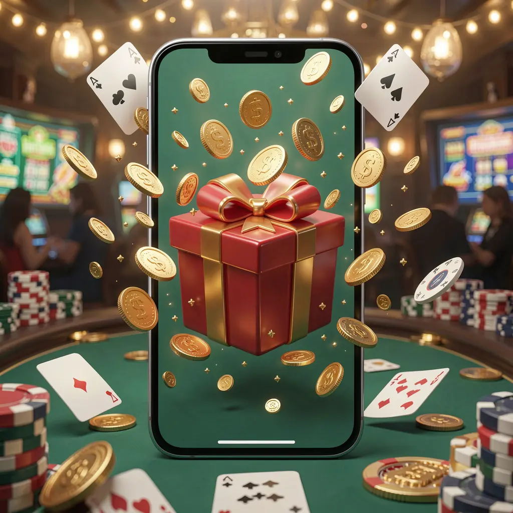 57JILI mobile casino bonus app concept showing a phone screen with a gift box and coins bursting out in a festive casino atmosphere