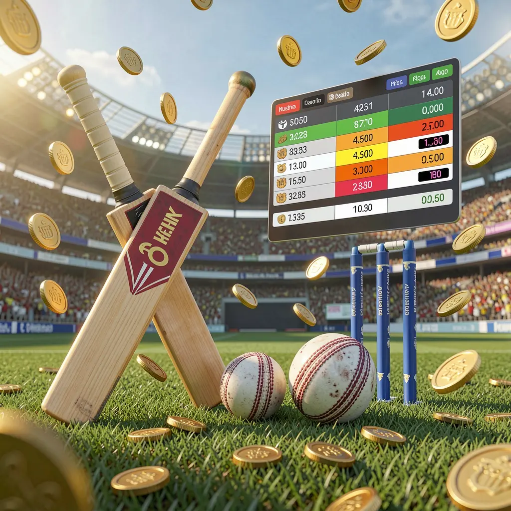 Realistic 3D illustration of a cricket bat, cricket ball, and wickets on stadium grass with floating betting odds interface and golden coins flying, representing 57JILI sports betting page in the Philippines Realistic 3D illustration of a cricket bat, cricket ball, and wickets on stadium grass with floating betting odds interface and golden coins flying, representing 57JILI sports betting page in the Philippines