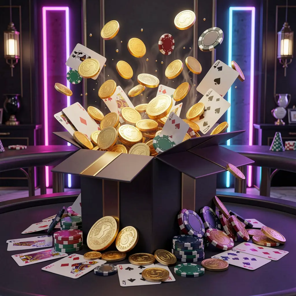 57JILI online casino bonus gift box exploding with golden coins, poker chips, and playing cards against a dark luxury background with glowing neon accents