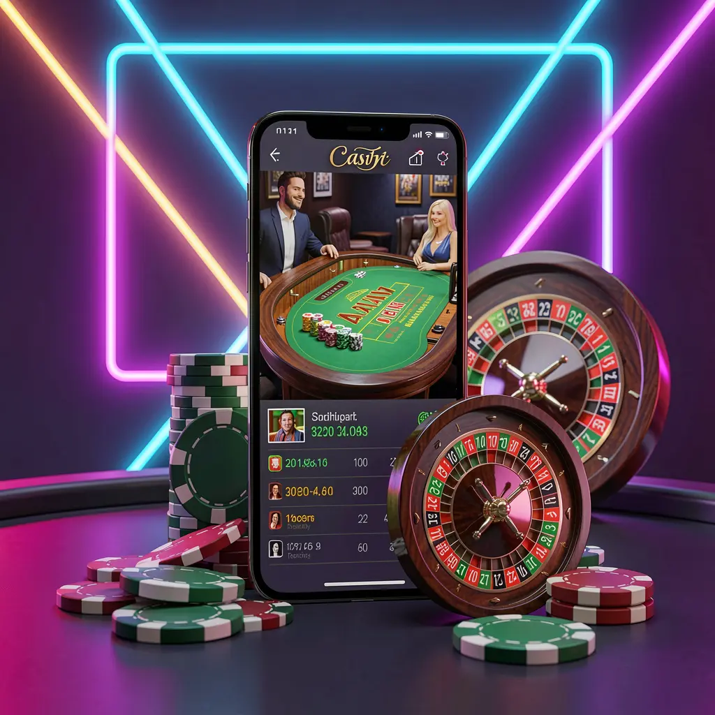 57JILI online casino platform concept with smartphone displaying glowing casino interface, surrounded by roulette wheel and poker chips on a premium neon background