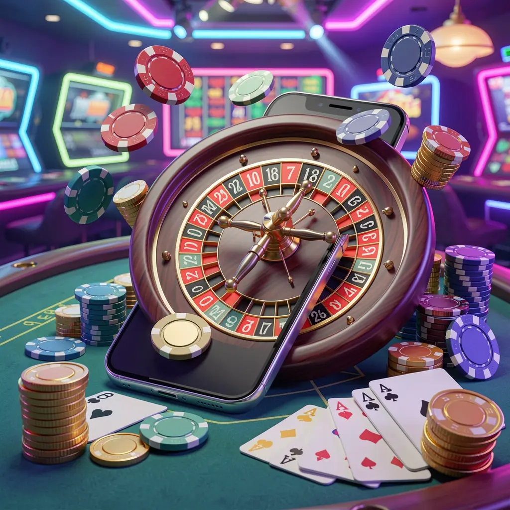 57JILI mobile casino experience with a smartphone surrounded by a roulette wheel, chips, cards, and coins in a bright neon casino atmosphere