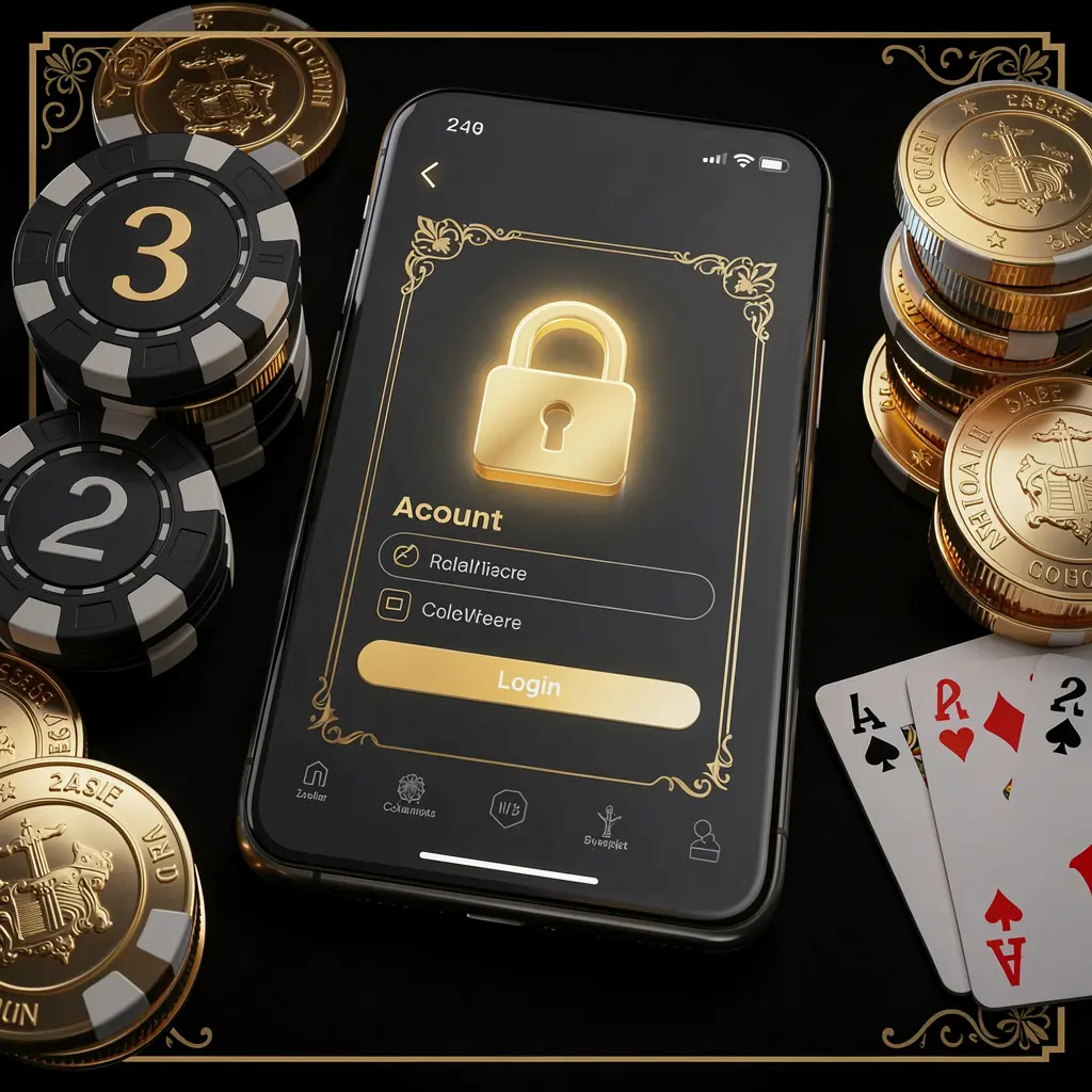 57JILI secure casino account login concept with glowing lock icon on smartphone screen surrounded by poker chips, playing cards, and golden coins on an elegant black and gold background