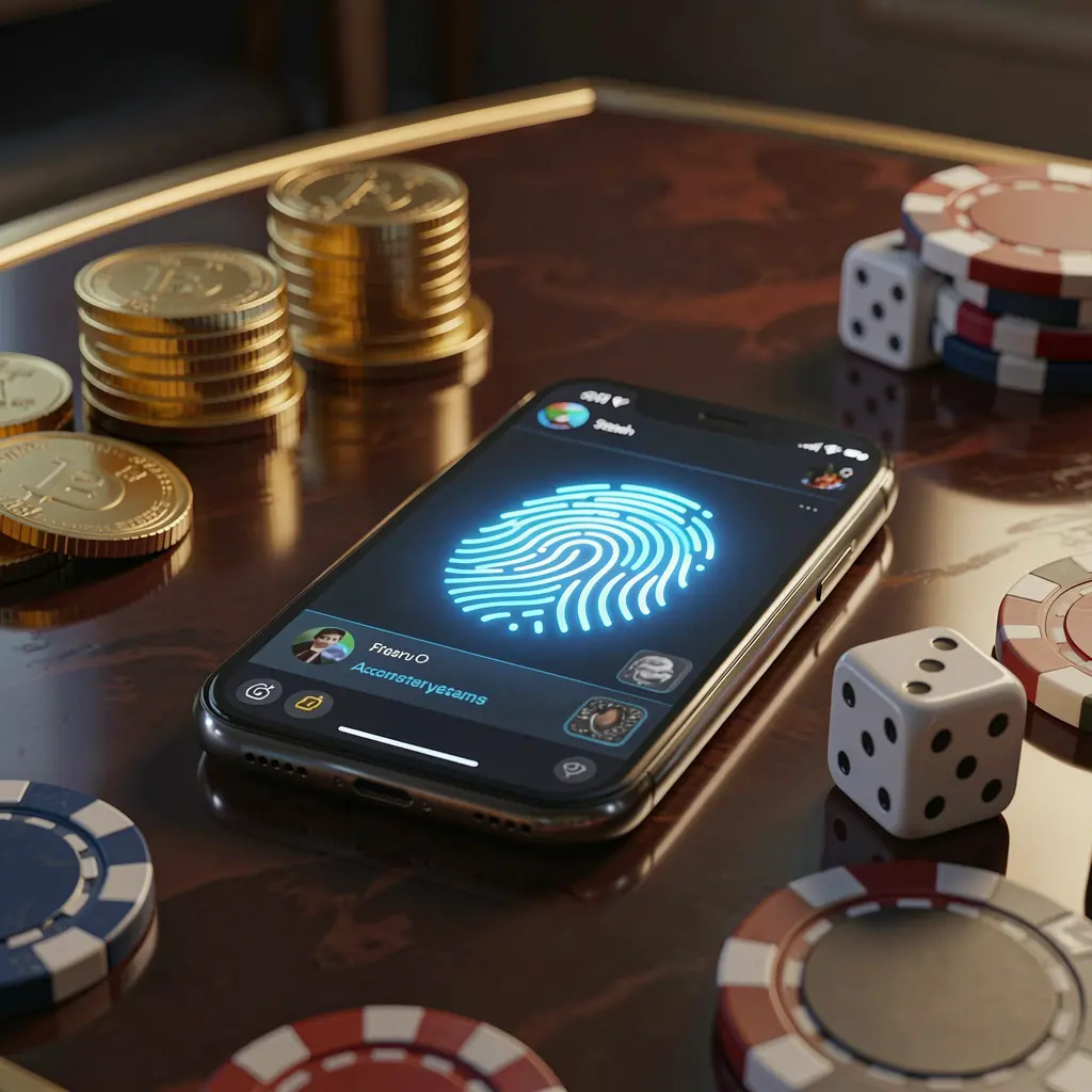 57JILI online gaming account access scene showing a smartphone with a glowing fingerprint icon, golden coins, dice, and poker chips on a glossy table under cinematic lighting