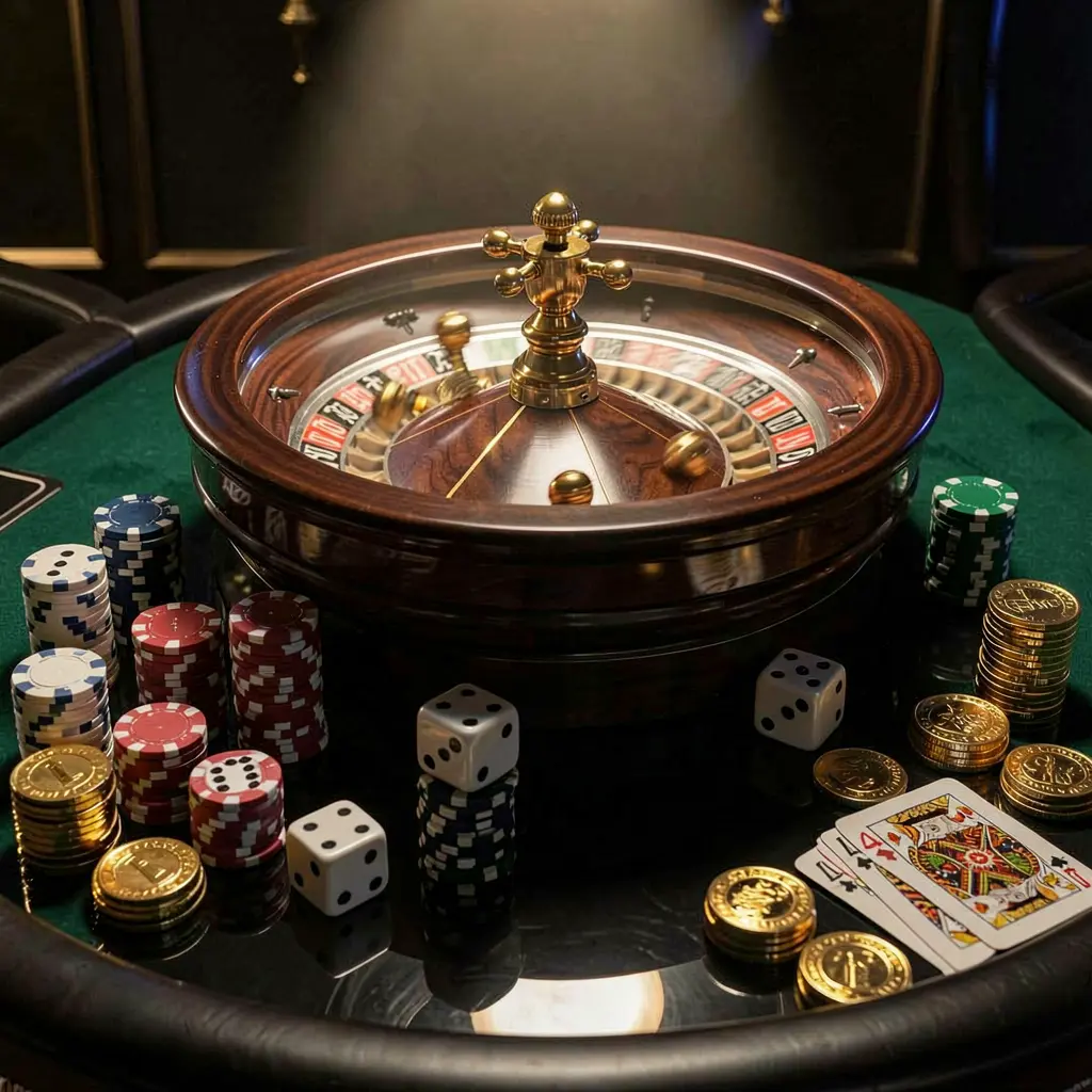 57JILI premium casino homepage featuring a roulette wheel spinning on a glossy table surrounded by poker chips, dice, cards, and golden coins against an elegant dark background with cinematic lighting